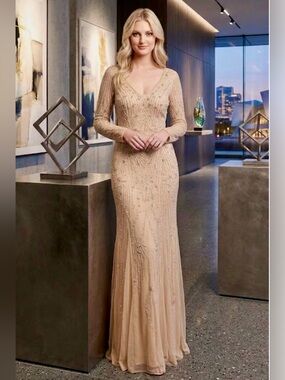 🔴 Cassandra Stone Beaded Long Sleeve Maxi Dress in Beige- L